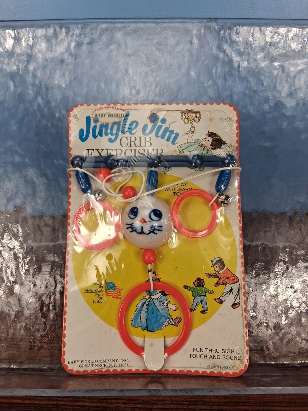 1950s-60s Jingle Jim Baby Toy Crib Toy Exerciser Hanger Rabbit Bells Hoops USA